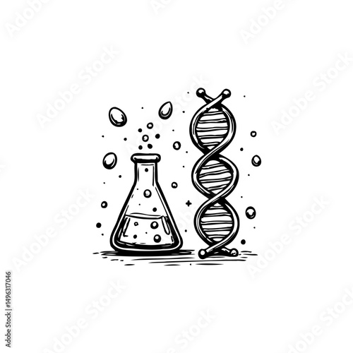 Stylized biological design portraying laboratory beaker alongside dna structure