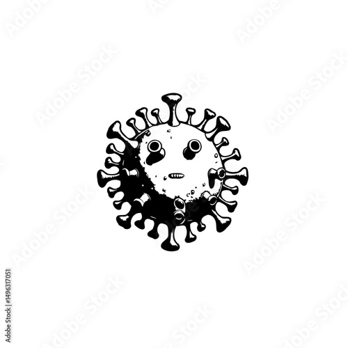 Stylized depiction of a coronavirus with a surprised expression in monochrome