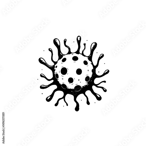 Conceptual depiction of a virus particle, displayed in monochrome graphic rendering