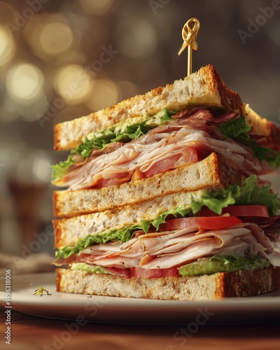 Layered Freshness: Crispy Club Sandwich with Avocado & Smoked Turkey in Golden Side Light (4K Ultra-Detailed Food Photography)