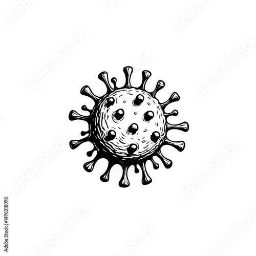 Hand-drawn monochrome illustration of a virus particle with spiked protrusions
