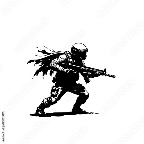 Silhouette of a Soldier in Action, Armed and Ready for Combat Situation