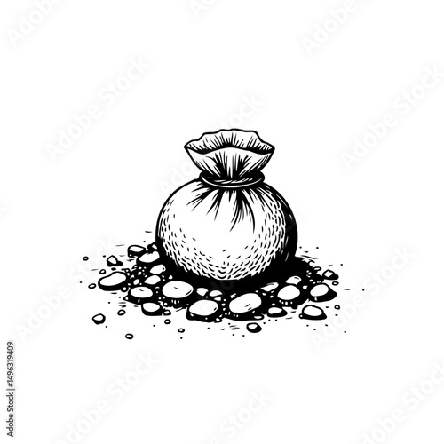 Monochromatic sack illustration atop a scattering of stones adding a touch of rustic charm