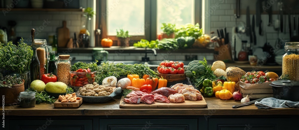 Fototapeta premium Kitchen Counter with Variety of Fresh Ingredients