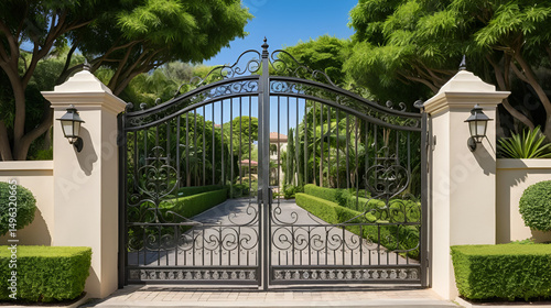 Elegant gated community entrance with lush greenery and iron gate in a serene residential area
