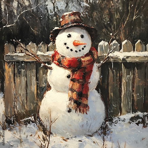 A winter scene featuring a charming snowman by a weathered wooden fence.