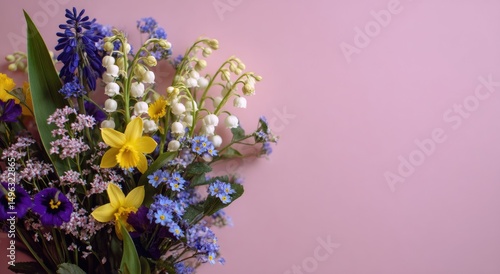Spring flowers bouquet on a pastel pink background
