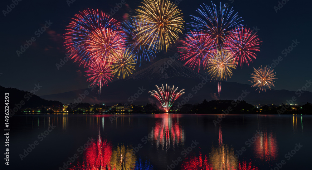 Fototapeta premium Fireworks display over lake at night celebration new year's eve fourth of july pyrotechnics show