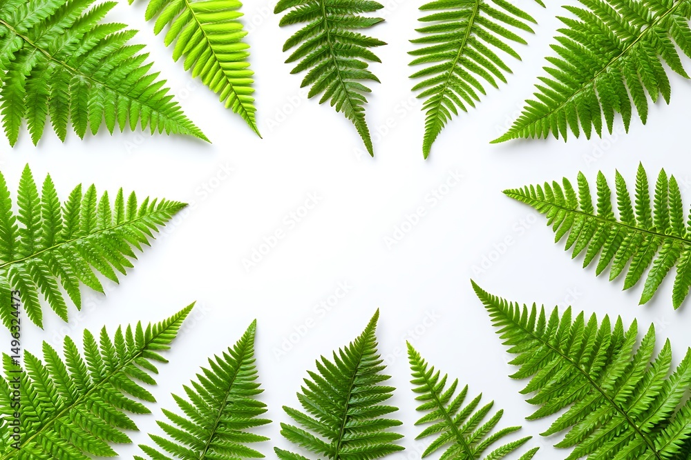 Fern fronds arranged in circle pattern, fresh green backdrop, clear area Fern fronds arranged in circle pattern, fresh green backdrop, clear area