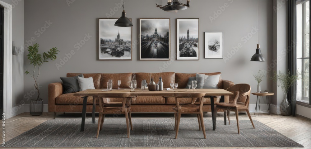 Fototapeta premium Elegant brown couch, wooden dining table, black & white photos adorn grey wall Chic contemporary living space , home, comfortable, calm