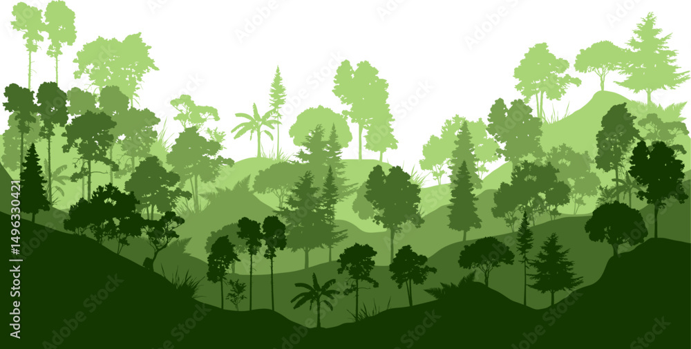 Jungle silhouette landscape. Forest landscape silhouette for environment, ecology vector isolated. Jungle silhouette landscape. Forest landscape silhouette for environment, ecology vector isolated.