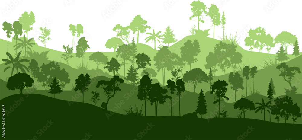 Obraz premium Jungle silhouette landscape. Forest landscape silhouette for environment, ecology vector isolated.