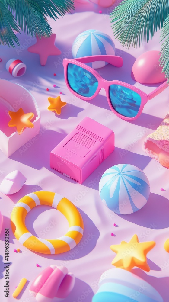 Pastel beach scene with sunglasses, inflatable rings, and other summer accessories Pastel beach scene with sunglasses, inflatable rings, and other summer accessories