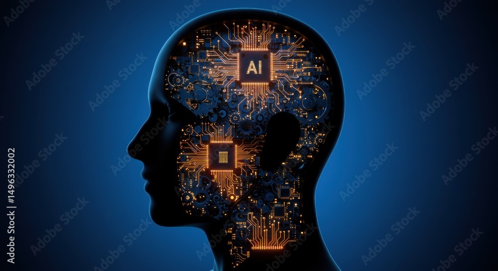 Obraz premium Human head with AI circuitry