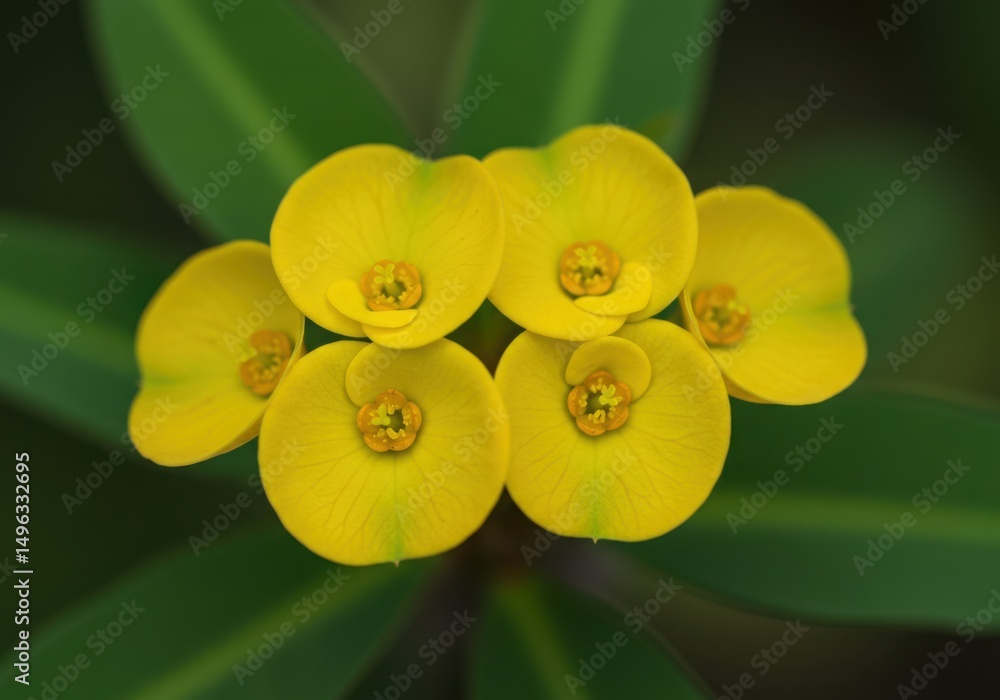 Fototapeta premium Close up of yellow euphorbia milii flowers with green leaves