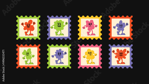 Logo and graphic bundle in a cartoon style with square badge templates, cute character mascots, hearts, and sticker icons — perfect for packaging, posters and online visuals.