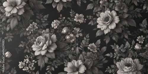 Wallpaper Mural Delicate charcoal floral wallpaper, vintage blooms & foliage pattern , grey scale, subtle, dark Torontodigital.ca