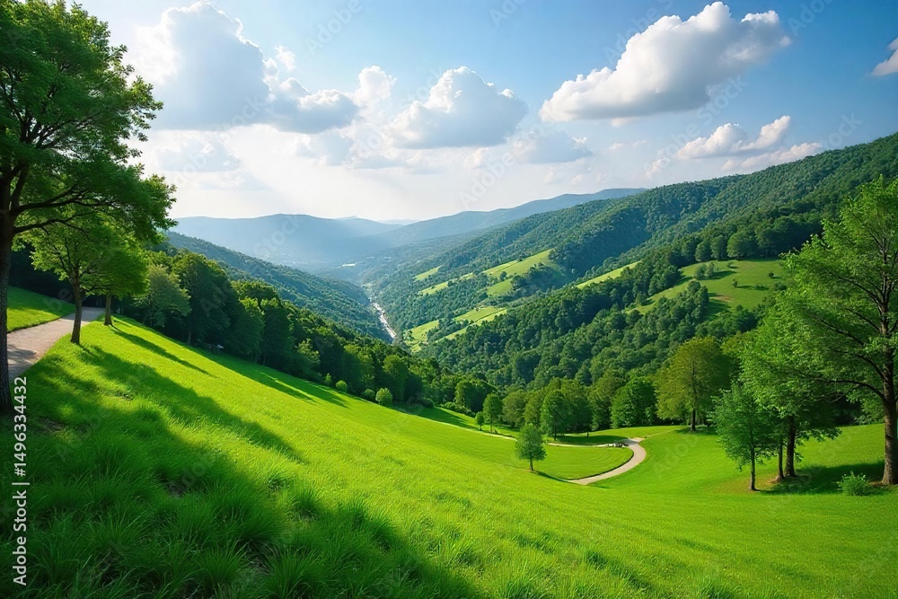 Fototapeta premium Serene hillside park with winding pathways, lush greenery, and mature trees offering scenic vistas Perfect for relaxation and recreation , outdoor, public space