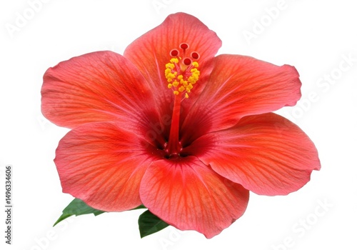 Close up of a vibrant red hibiscus flower with green leaves