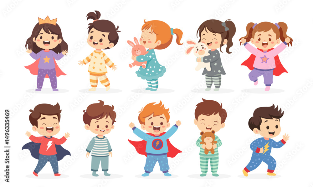 Kids characters with pajamas outfit vector illustration set Kids characters with pajamas outfit vector illustration set