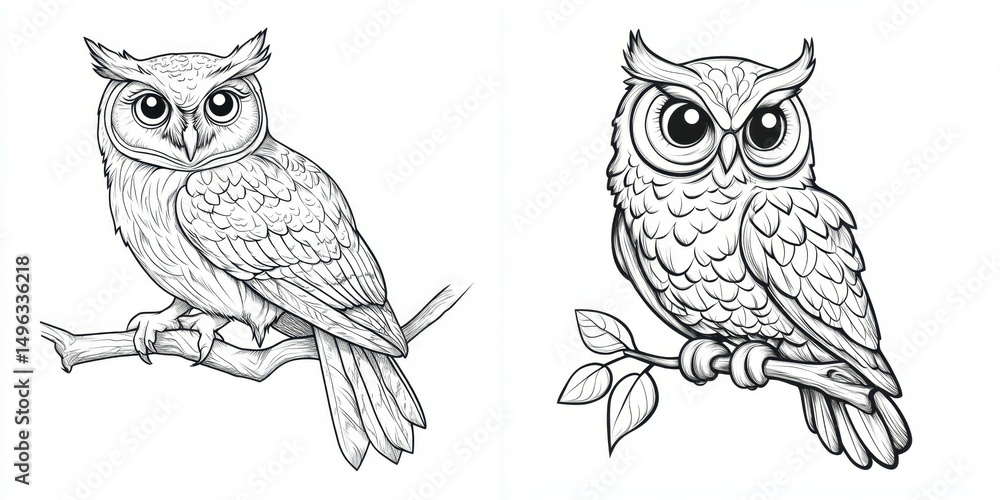 Fototapeta premium Detailed Black and White Illustrations of Two Owls Perched on Branches