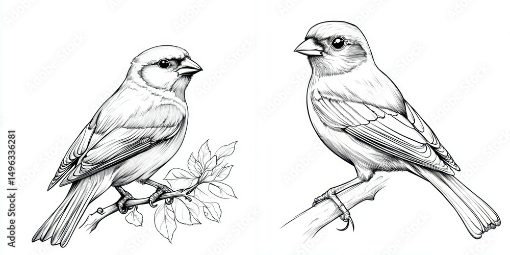 Fototapeta premium Two Detailed Line Drawings of Songbirds with Branches and Leaves