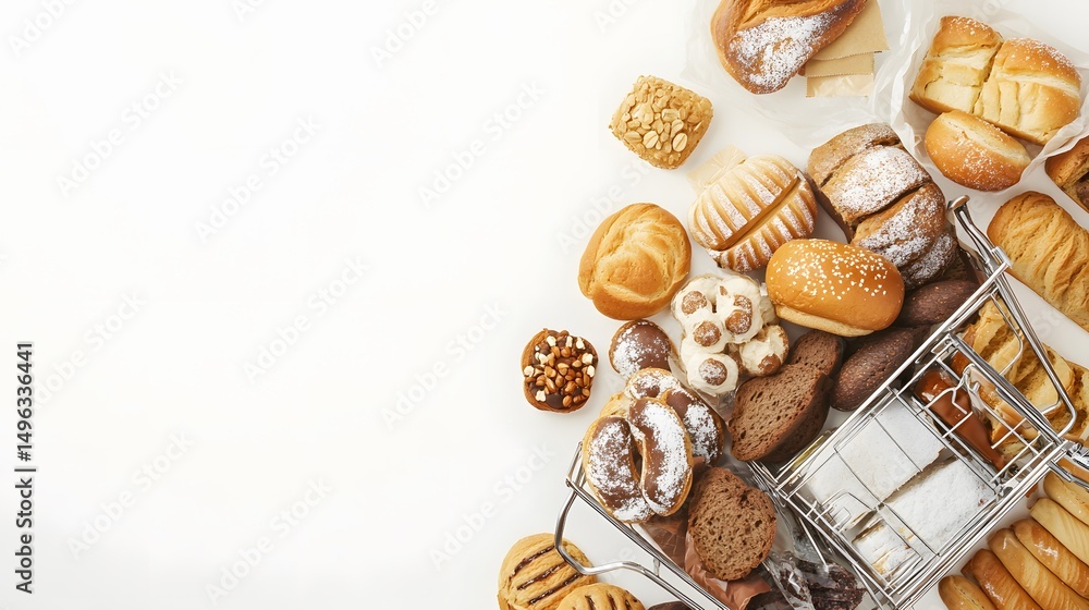 Fototapeta premium Assorted bakery goods displayed in a shopping cart.