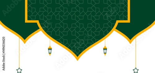 Islamic frame border with pattern, mosque dome, lantern decoration for ied al adha, ied al fitr, eid mubarak, ramadhan kareem. Vector isolated.