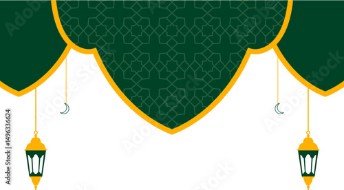 Islamic frame border with pattern, mosque dome, lantern decoration for ied al adha, ied al fitr, eid mubarak, ramadhan kareem. Vector isolated.