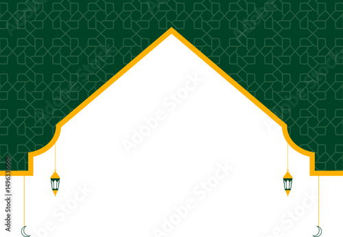 Islamic frame border with pattern, mosque dome, lantern decoration for ied al adha, ied al fitr, eid mubarak, ramadhan kareem. Vector isolated.