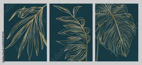 Botanical set of art posters with tropical plant leaves in golden line style. Tropical background for decor, print, textile, packaging, wallpaper, interior design.