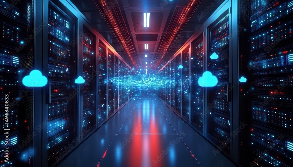 A wideangle view of a cloud computing data center, Networking, Expansive and futuristic A wideangle view of a cloud computing data center, Networking, Expansive and futuristic