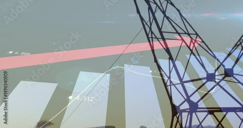 Camera shifting left initiating tower centering, bars rising, line oscillating to show data trends