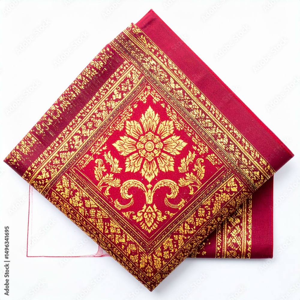 Ornate red fabric with intricate gold patterns, symbolizing cultural heritage and artistry. Ornate red fabric with intricate gold patterns, symbolizing cultural heritage and artistry.