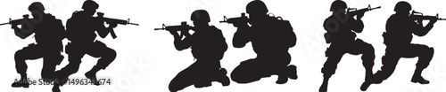 Silhouette of Armed Soldiers Aiming in Combat Position Vector Art