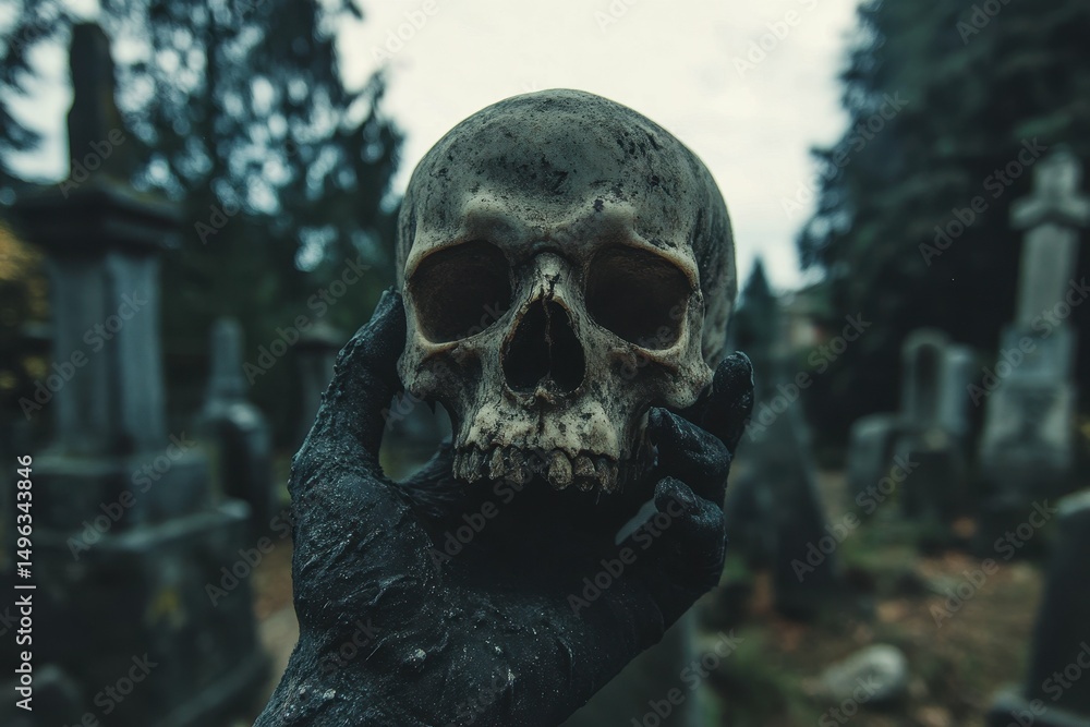 high detail visual of halloween zombie hand holding skull at cemetery high detail visual of halloween zombie hand holding skull at cemetery