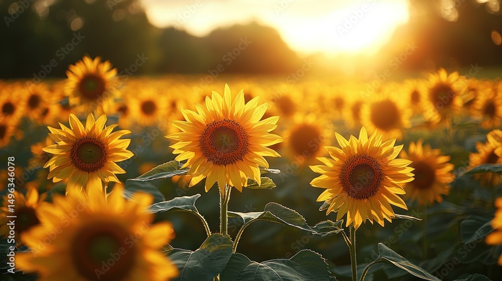 Obraz premium Sunflowers in a field at sunset