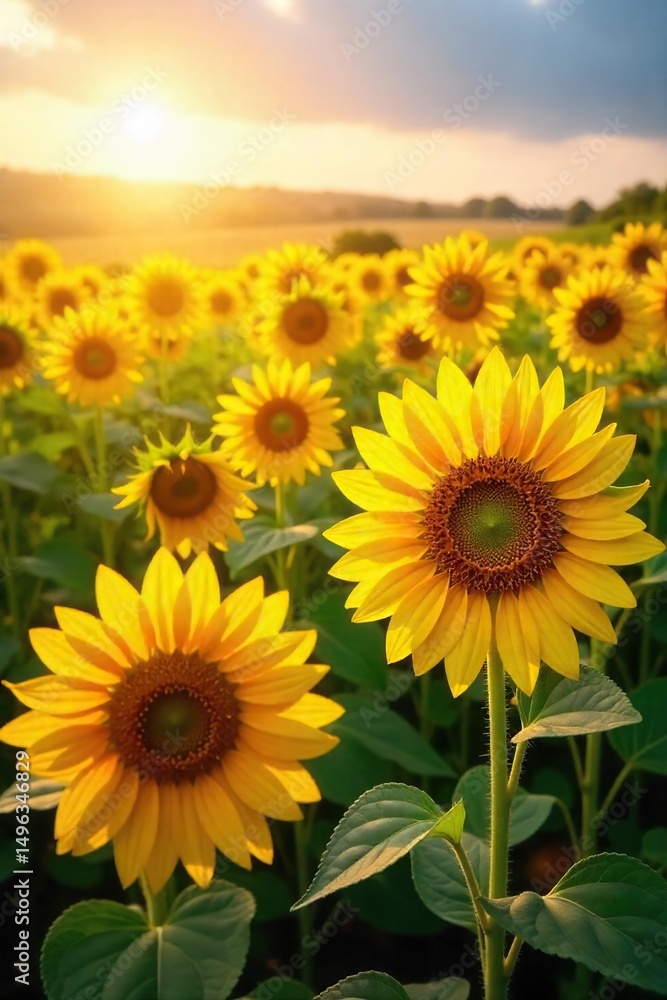 Fototapeta premium A vibrant field of sunflowers basking in the golden sunlight, their faces turned towards the sun A breathtaking display of nature's beauty and abundant summer warmth , rural, blossom