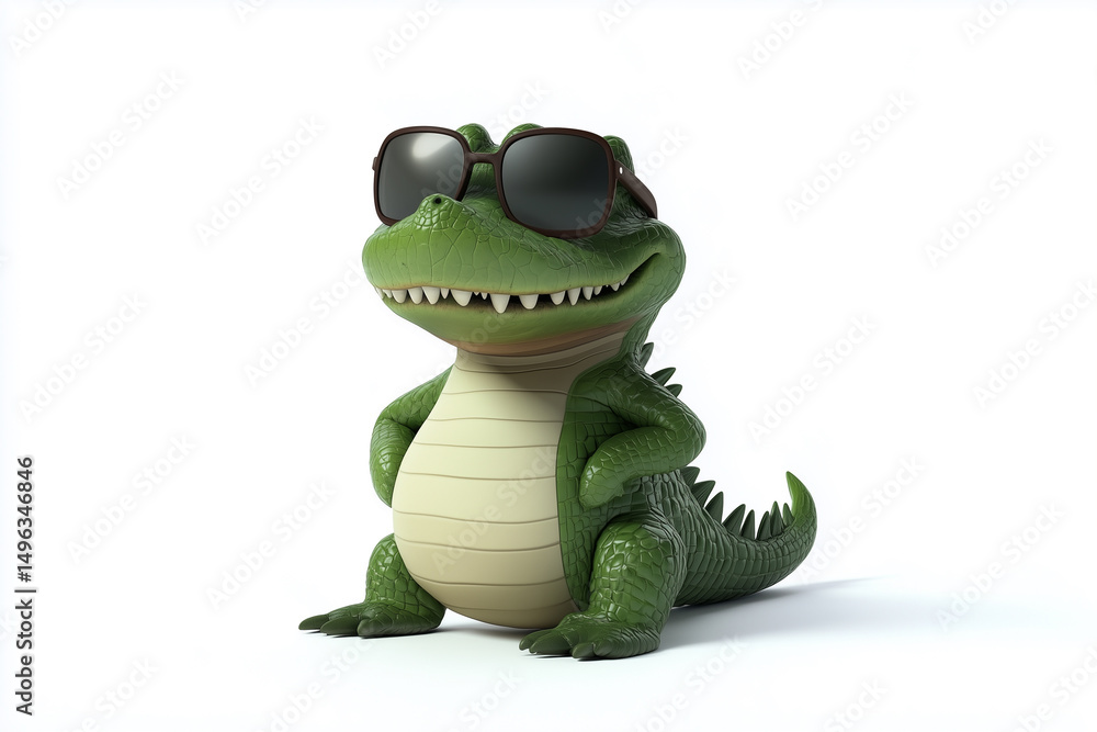 Fototapeta premium green crocodile holding flowers on white background