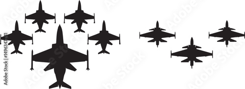 Silhouette of Military Fighter Jets in Formation Flight Vector Art