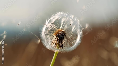 Delicate dandelion seed head with pappus drifting in wind, creating an ethereal and natural aesthetic, macro shot against a blurred background.