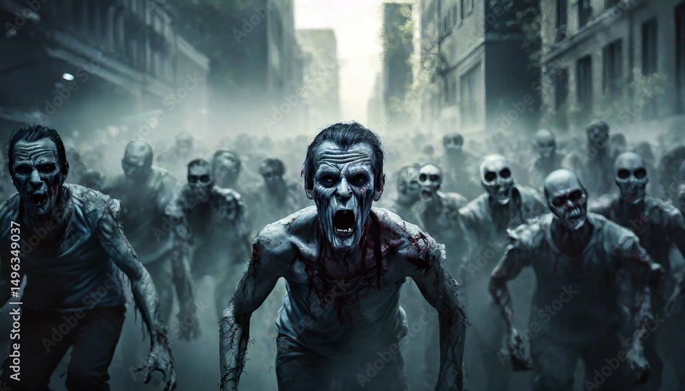 Fototapeta premium Zombie crowd emerging into city background