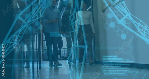 Colleagues exiting office and tapping tablet as network diagrams showing technology plan appearing