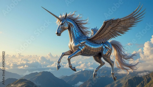 A Unicorn with Metallic Scales Flying in Sky.