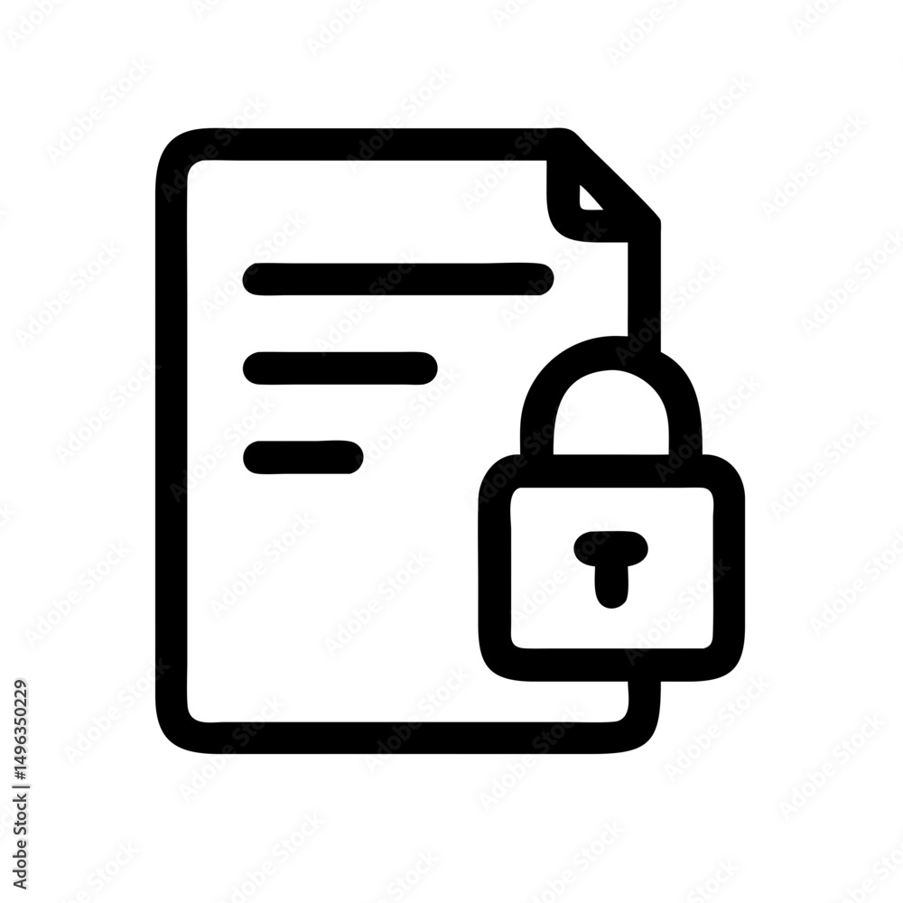 A black outline icon of a document with lines of text and a closed padlock. Could be used for blogs or websites about data privacy, secure documents, or confidential information. A black outline icon of a document with lines of text and a closed padlock. Could be used for blogs or websites about data privacy, secure documents, or confidential information.
