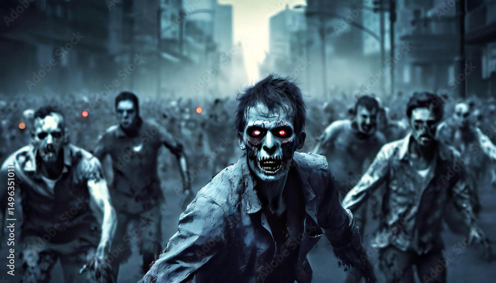 Fototapeta premium Zombie crowd emerging into city background
