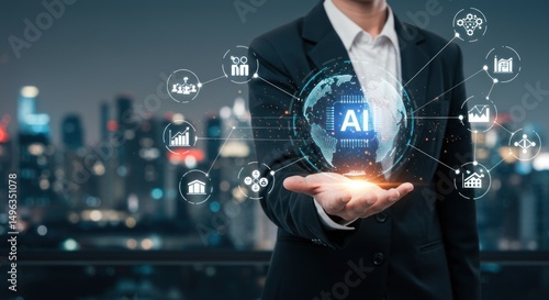 Person holding AI globe over city skyline