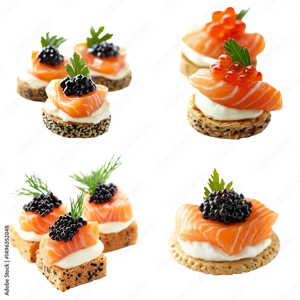 Salmon caviar appetizers overhead food photography for luxury dining and catering content Salmon caviar appetizers overhead food photography for luxury dining and catering content