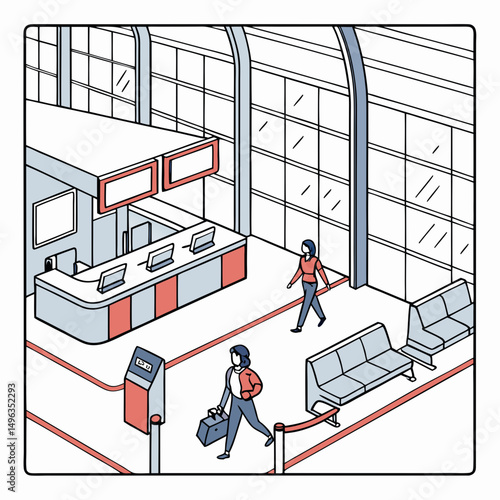 Airport check-in counter isometric illustration transparent background