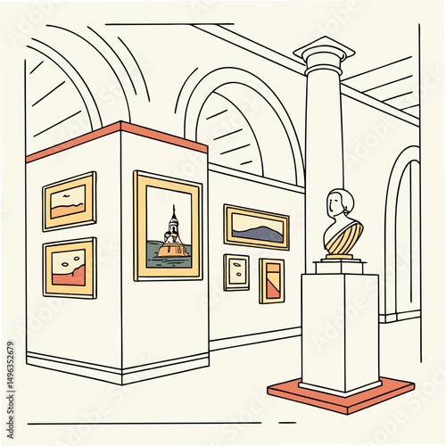 Art gallery interior with sculptures and paintings on white background